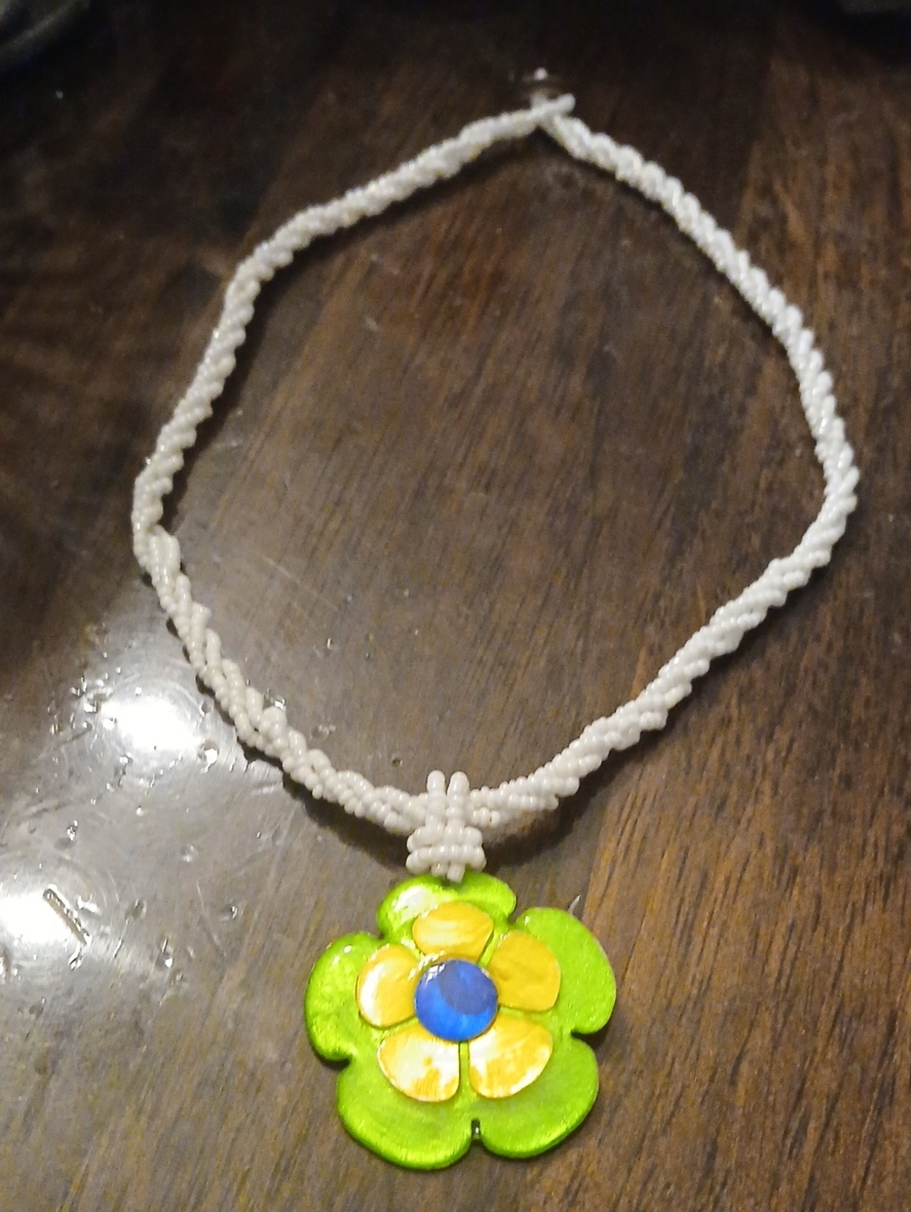 Handmade Floral Bead Necklace - Green & Yellow Flower Pendant